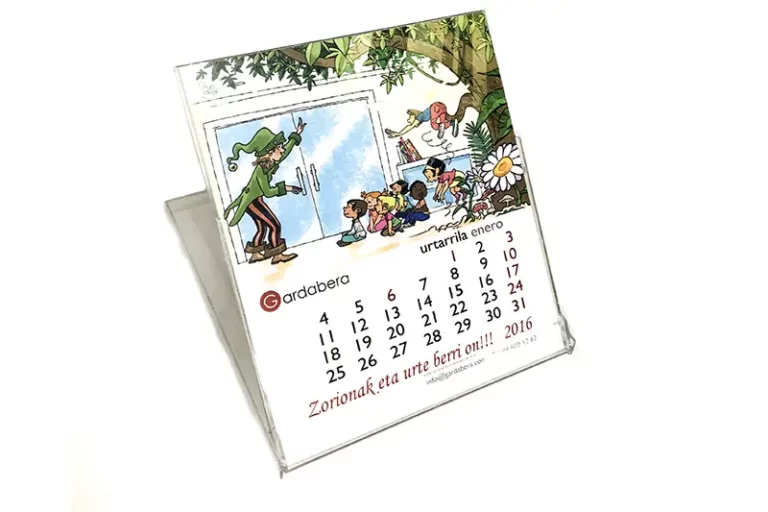Impresión de calendarios de sobremesa en caja de CD para la empresa Gardabera - Imprenta Vascograf, Arrigorriaga, Bizkaia