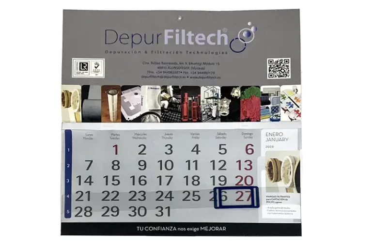 Impresión offset y digital de calendarios de pared con visor para la empresa DepurFiltech - Imprenta Vascograf, Arrigorriaga, Bizkaia