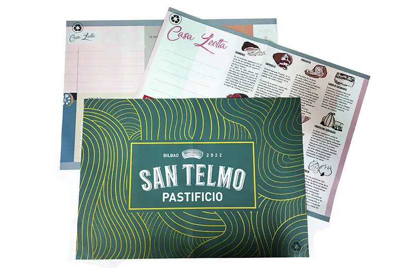 Impresión offset y digital de manteles de papel para los restaurantes "San Telmo pastificio" y "Casa Leotta" de Bilbao - Imprenta Vascograf, Arrigorriaga, Bizkaia