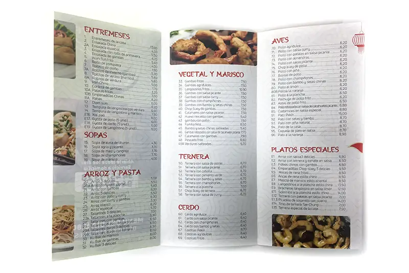 Impresión offset y digital de menús para restaurantes en formato tríptico - Imprenta Vascograf, Arrigorriaga, Bizkaia
